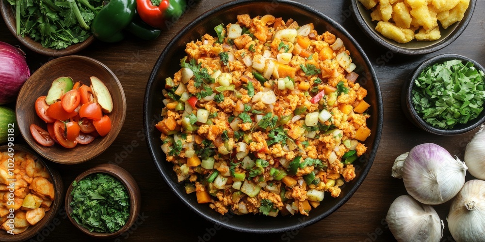 Savory Sri Lankan kottu roti with vibrant vegetables, expertly arranged for a visually appealing presentation, rich textures and colors. Savory Sri Lankan kottu roti with vibrant vegetables, expertly arranged for a visually appealing presentation, rich textures and colors.