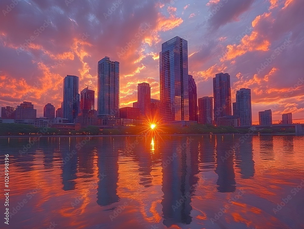 Urban skyline at sunset with reflective skyscrapers A dynamic skyline where skyscrapers shimmer in the golden light of the sunset. Urban skyline at sunset with reflective skyscrapers A dynamic skyline where skyscrapers shimmer in the golden light of the sunset.