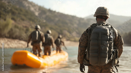 Soldiers practicing disaster relief drills with emergency rescue equipment photo photo