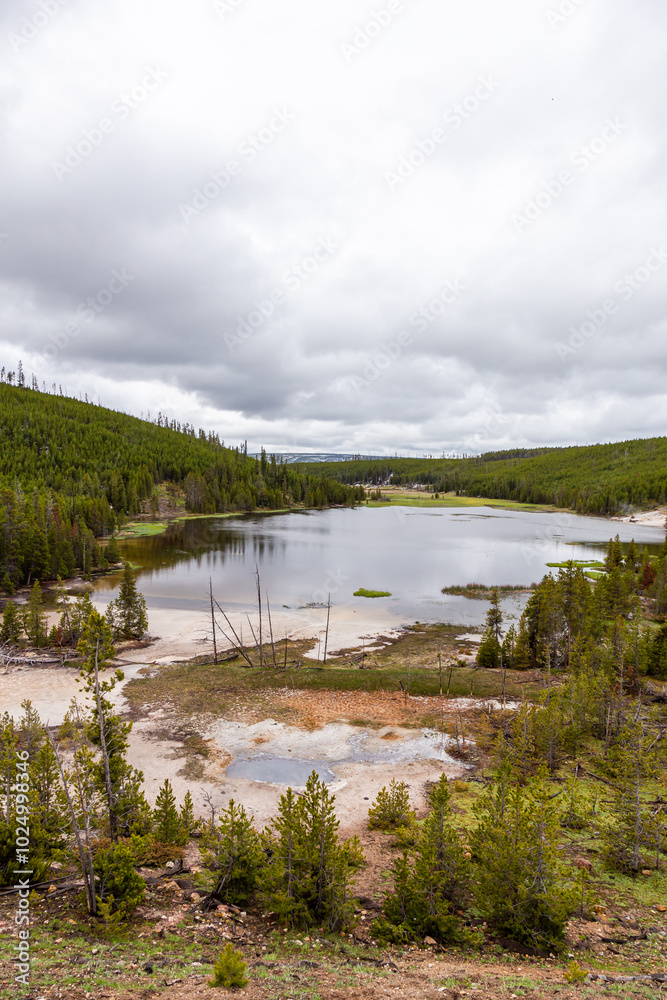 Fototapeta premium Serene Landscape View of Yellowstone Lake and Forested Hills in Wyoming, USA on an Overcast Day