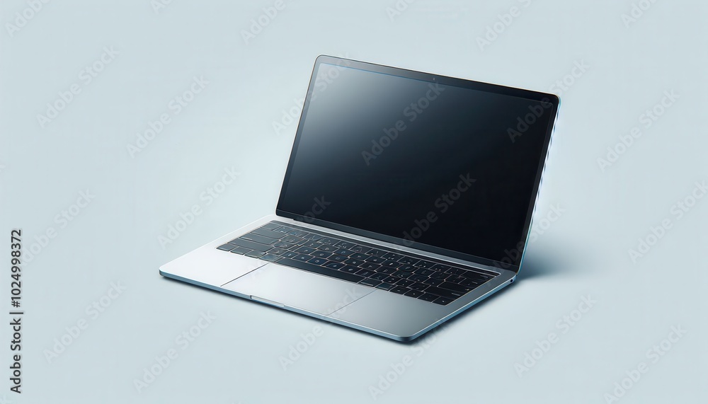 A silver laptop computer with a blank black screen is shown from various angles against a light grey background...Concept: Technology, communication, work from home, online business. A silver laptop computer with a blank black screen is shown from various angles against a light grey background...Concept: Technology, communication, work from home, online business.