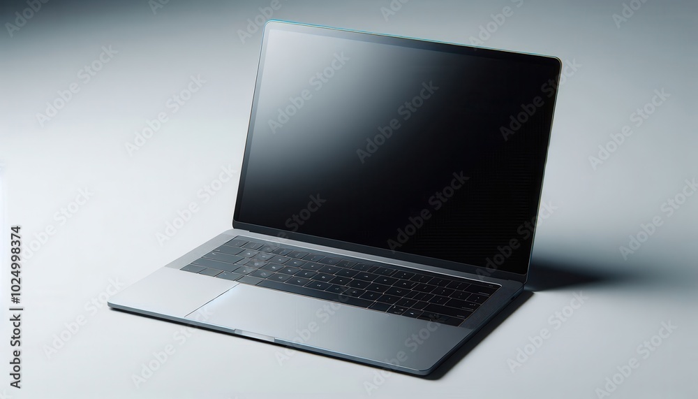 A silver laptop computer with a blank black screen is shown from various angles against a light grey background...Concept: Technology, communication, work from home, online business. A silver laptop computer with a blank black screen is shown from various angles against a light grey background...Concept: Technology, communication, work from home, online business.