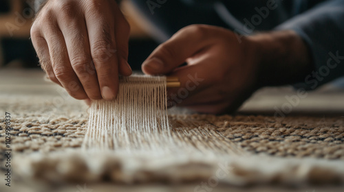 carpet weaver making intricate patterns to a traditional wool rug photo