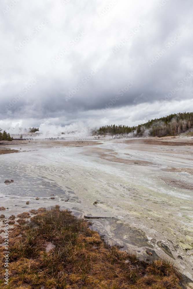 Steam Rising from Geothermal Features in Yellowstone National Park, Wyoming, USA on a Cloudy Day Steam Rising from Geothermal Features in Yellowstone National Park, Wyoming, USA on a Cloudy Day