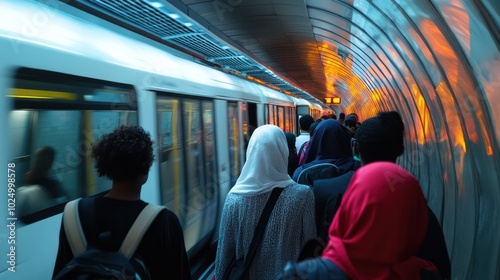 A group from Qatar, Samoa, and Uganda using a high-speed metro system in a busy city, blending cultural diversity in urban mobility photo