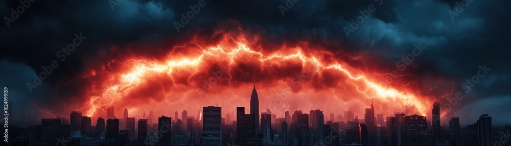 Fototapeta premium A dramatic skyline illuminated by fiery clouds, showcasing an apocalyptic urban landscape.