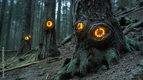 Glowing Eyes in the Forest Magical Tree with Eerie Lights