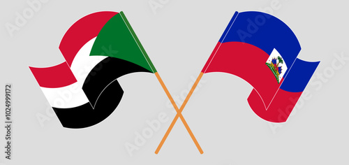Crossed and waving flags of the Sudan and Republic of Haiti. Vector illustration
