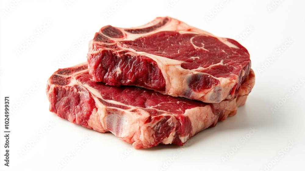 Fresh, raw rib-eye steaks layered one atop the other, isolated on a white background, showcasing their rich color and marbled texture Fresh, raw rib-eye steaks layered one atop the other, isolated on a white background, showcasing their rich color and marbled texture
