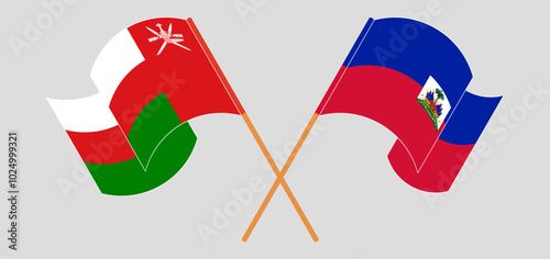 Crossed and waving flags of Oman and Republic of Haiti. Vector illustration