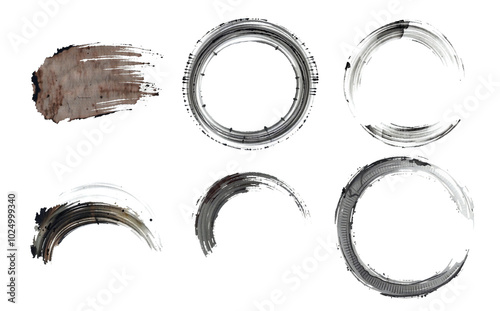 black and gray abstract brush stroke set, isolated, arcs and circular border, stylized ink