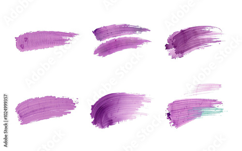 purple abstract brush stroke set, isolated, angled swoosh, stylized ink