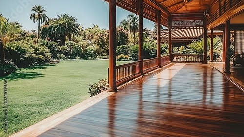 Tranquil Scene of a Traditional Japanese House with Elegant Wooden Balcony Overlooking a Serene Lush Garden Landscape in an Isolated Background