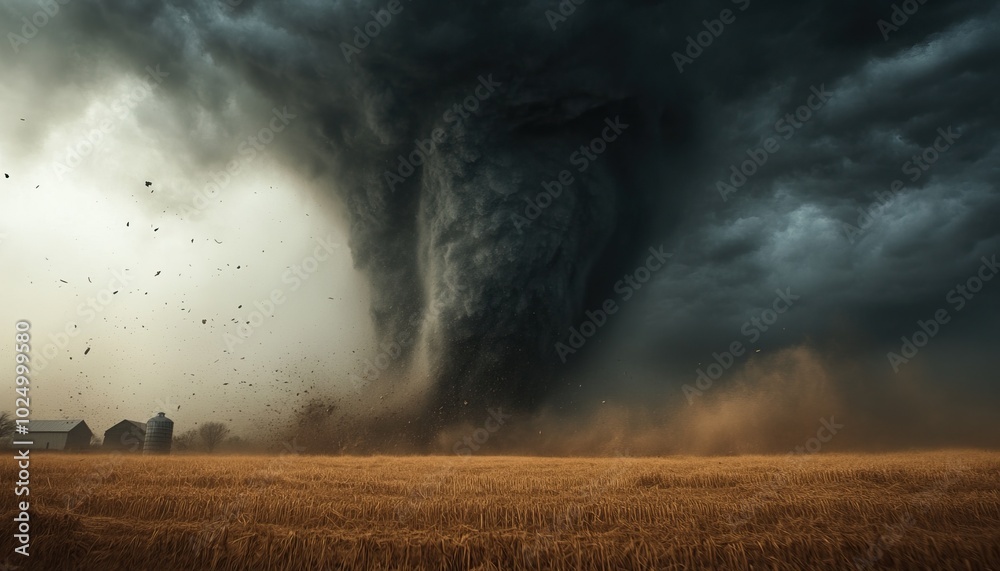 Obraz premium A powerful tornado swirling above a golden wheat field under a dramatic sky.