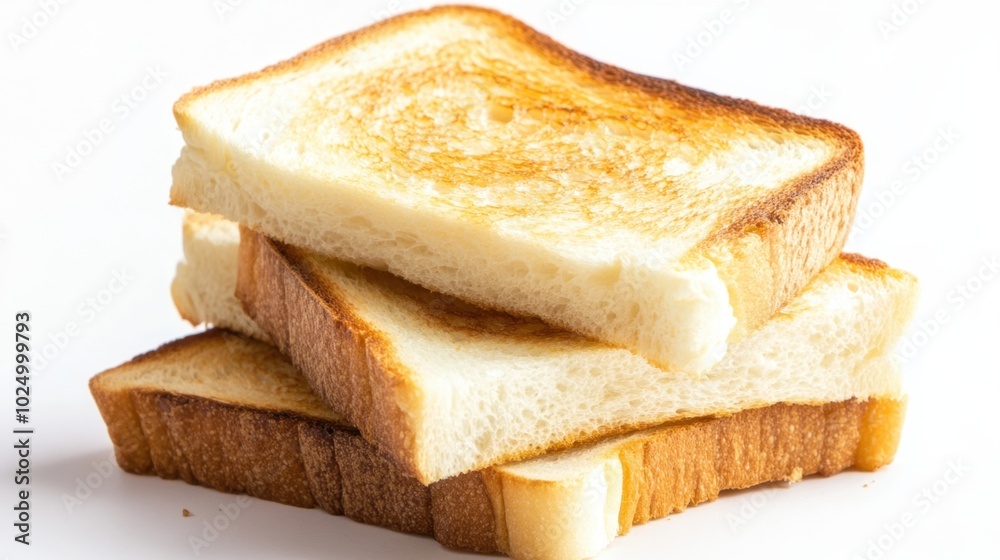 Freshly toasted white bread, golden brown and crispy, displayed against a clean white background, perfect for breakfast or sandwiches Freshly toasted white bread, golden brown and crispy, displayed against a clean white background, perfect for breakfast or sandwiches