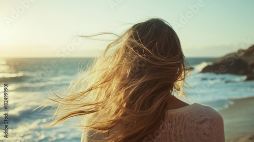 A woman with long hair stands on a beach, looking out at the ocean