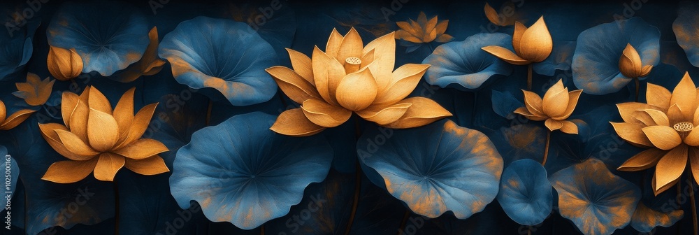 Lotus Elegance, traditional Pum Khao Bin pattern featuring intricate lotus designs in rich gold and deep blue hues, exuding cultural artistry. Lotus Elegance, traditional Pum Khao Bin pattern featuring intricate lotus designs in rich gold and deep blue hues, exuding cultural artistry.