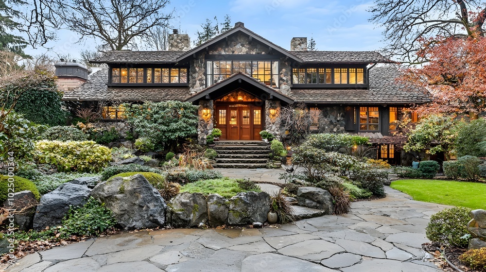 Fototapeta premium Tranquil Japanese house with traditional wooden beams sliding shoji doors and a peaceful rock garden in a serene harmonious landscape