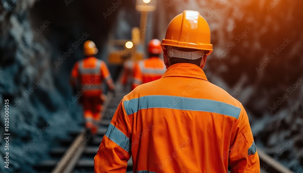 Construction workers in safety gear walking through a mining tunnel, showcasing teamwork and diligence in a challenging environment. Construction workers in safety gear walking through a mining tunnel, showcasing teamwork and diligence in a challenging environment.
