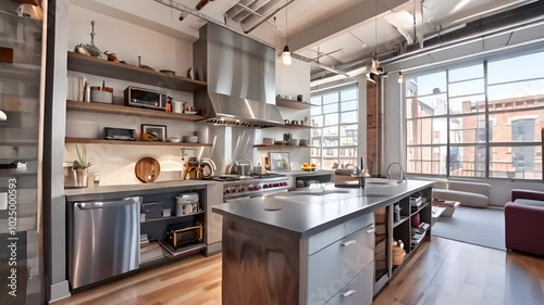 Modern Loft Kitchen with Exposed Brick and City Views