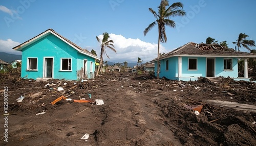 Devastated homes in a storm-damaged landscape, showcasing destruction and the impact of natural disasters.