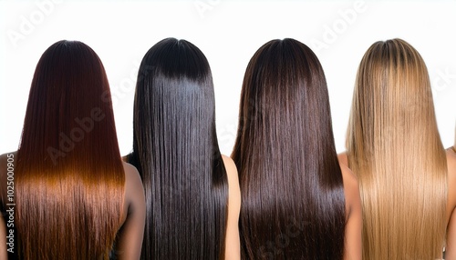 Different shades of brown hair on 4 models from the side view together, from darkest brown to blonde for your salon or advertisement hair models from behind. 