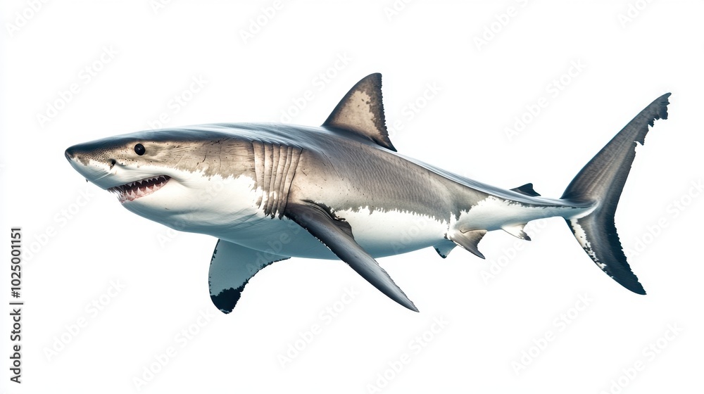 Great white shark swimming, isolated on a pure white background, highlighting its strong features and sleek form Great white shark swimming, isolated on a pure white background, highlighting its strong features and sleek form