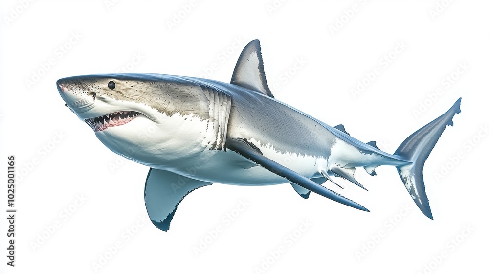 Great white shark swimming, isolated on a pure white background, highlighting its strong features and sleek form
