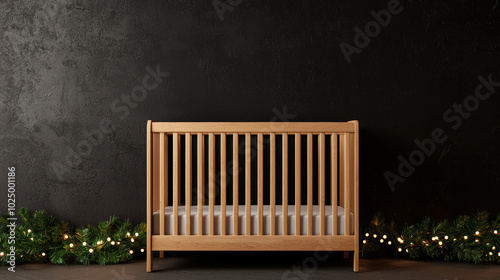 Wooden crib decorated for holidays against a dark wall backdrop.