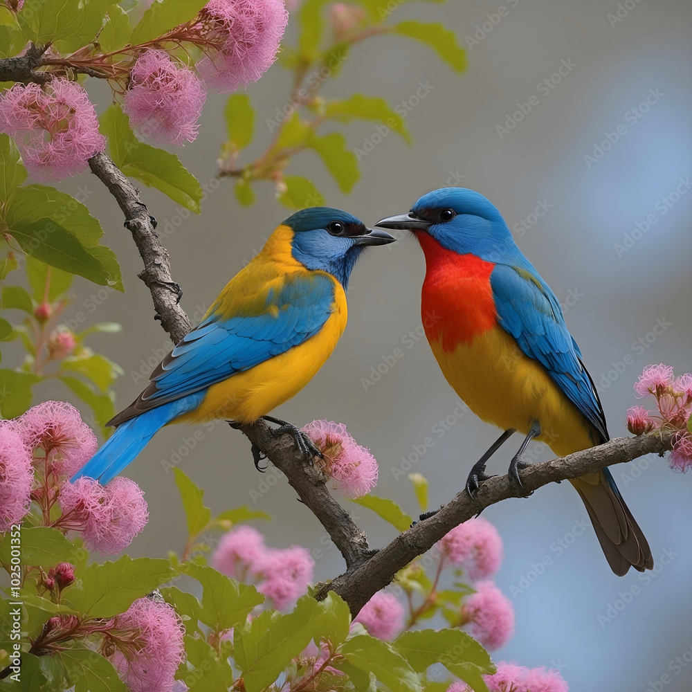 Fototapeta premium blue and yellow macaw fighting each other on tree