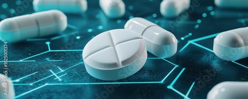 White pharmaceuticals on a digital background; modern medical technology concept. photo