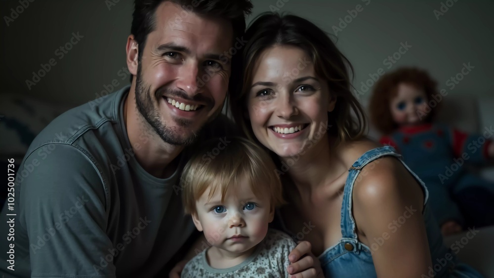 A joyful family portrait featuring a smiling couple with their adorable child, capturing love and happiness in a cozy home setting, with a playful doll adding a touch of whimsy to the lovely scene A joyful family portrait featuring a smiling couple with their adorable child, capturing love and happiness in a cozy home setting, with a playful doll adding a touch of whimsy to the lovely scene