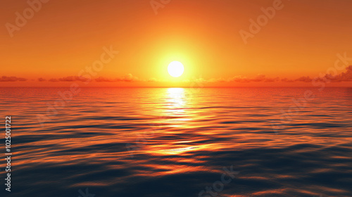 The sun is setting over the ocean, casting a warm glow on the water