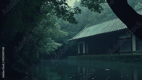 Tranquil Japanese Style House with Wooden Beams Sliding Shoji Doors and Serene Koi Pond in a Peaceful Minimalist Landscape photo