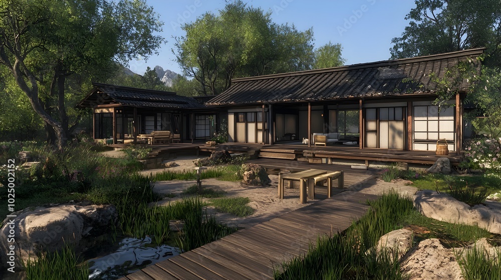 Serene and Tranquil Japanese House Surrounded by a Beautiful Garden Featuring a Wooden Deck and Minimalist Furniture in an Isolated and Peaceful Setting Serene and Tranquil Japanese House Surrounded by a Beautiful Garden Featuring a Wooden Deck and Minimalist Furniture in an Isolated and Peaceful Setting