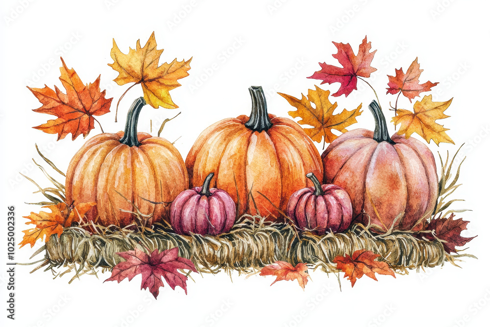 A vibrant watercolor illustration of pumpkins and autumn leaves, embodying the essence of fall and harvest season. A vibrant watercolor illustration of pumpkins and autumn leaves, embodying the essence of fall and harvest season.