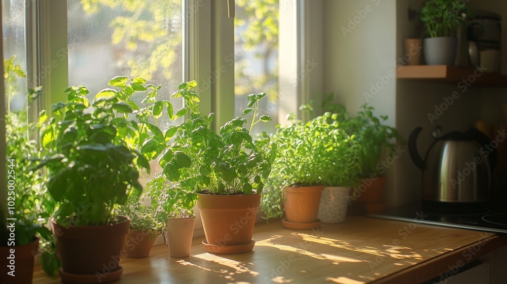Vertical herb garden thriving on a sunlit kitchen windowsill, vibrant greenery enhancing culinary ambiance, fresh flavors at your fingertips Vertical herb garden thriving on a sunlit kitchen windowsill, vibrant greenery enhancing culinary ambiance, fresh flavors at your fingertips