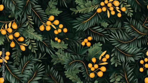 Christmas Style Dark Green and Yellow Pattern, AI generated illustration.