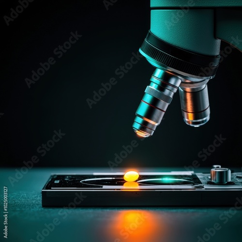 Close-up of a microscope focusing on a specimen with bright illumination on a dark background, showcasing detail. photo