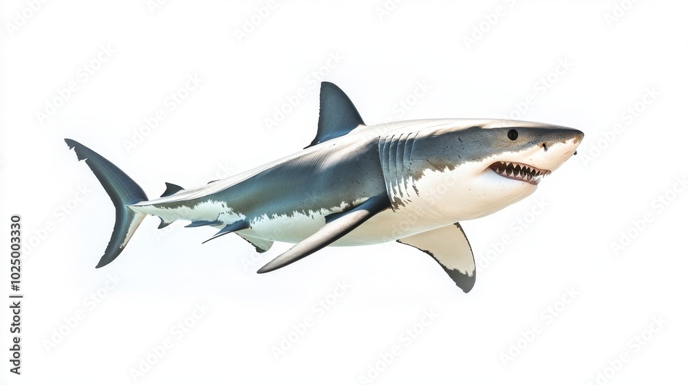 Massive great white shark isolated on a clean white background, displaying its streamlined body and sharp, predatory features Massive great white shark isolated on a clean white background, displaying its streamlined body and sharp, predatory features