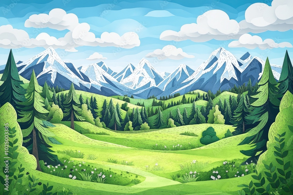 Panoramic view of mountain peaks from a grassy clearing, Panoramic view of mountains from a grassy meadow Panoramic view of mountain peaks from a grassy clearing, Panoramic view of mountains from a grassy meadow