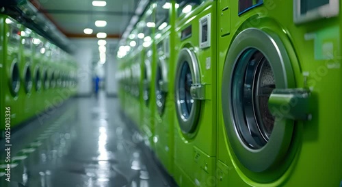 Row of Green Washers in a Laundromat