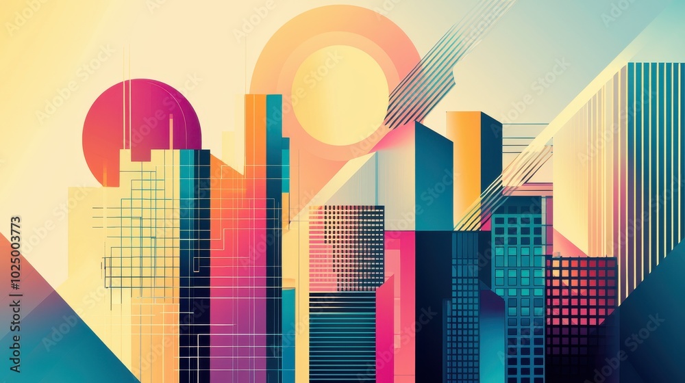 Fototapeta premium Abstract Geometric Cityscape with Bold Colors and Linear Patterns, Ai Generation