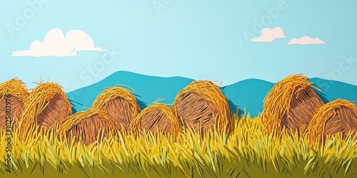 Bunch of hay arranged in stooks, placed in a grassy area, Haystacks arranged in a grassy field photo