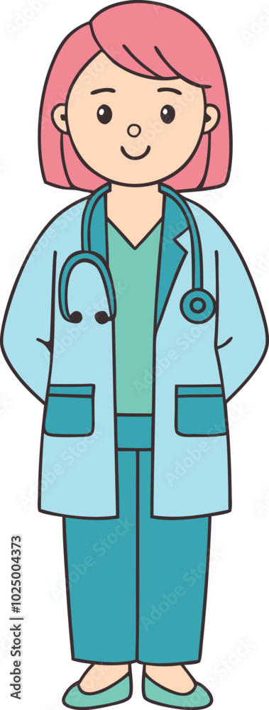 Cartoon female doctor illustration with stethoscope and pink hair Cartoon female doctor illustration with stethoscope and pink hair