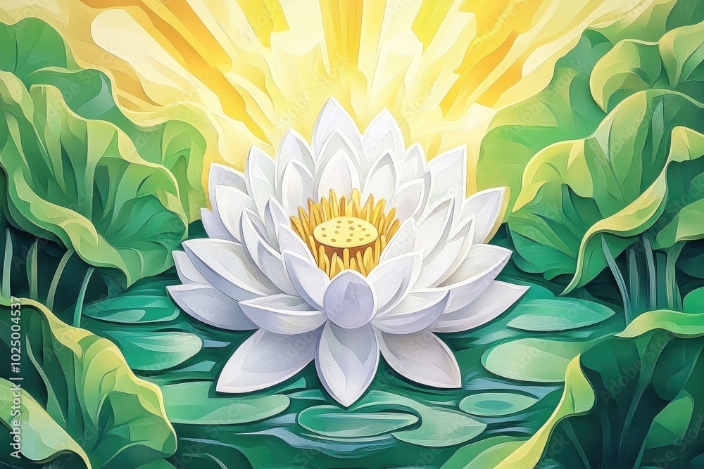 Lotus or water lily blossoms in a tranquil summer pond, surrounded by lush green leaves, illuminated by bright sunlight, symbolizing nature's beauty and harmony Lotus or water lily blossoms in a tranquil summer pond, surrounded by lush green leaves, illuminated by bright sunlight, symbolizing nature's beauty and harmony