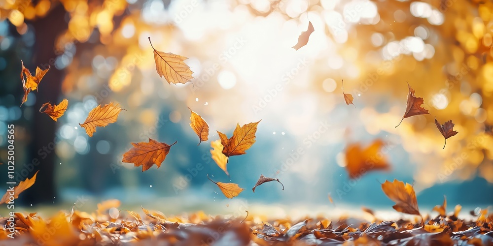 Falling autumn leaves captured in motion against a sunny, blurred background of trees. Falling autumn leaves captured in motion against a sunny, blurred background of trees.