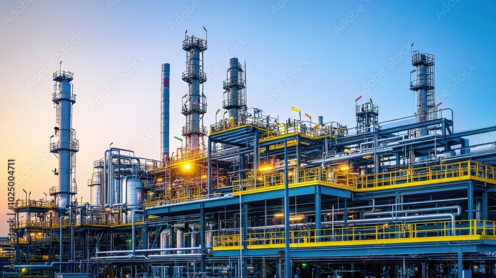 Oil refinery and gas processing plant, with complex piping systems and industrial structures, set against a clear background Oil refinery and gas processing plant, with complex piping systems and industrial structures, set against a clear background
