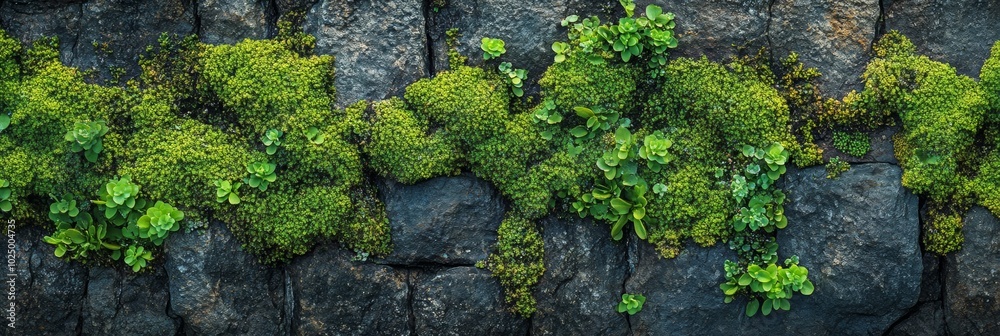 Lush Green Moss on Weathered Stone Wall, showcasing nature's vibrant resilience and intricate textures in a harmonious blend of earth tones.