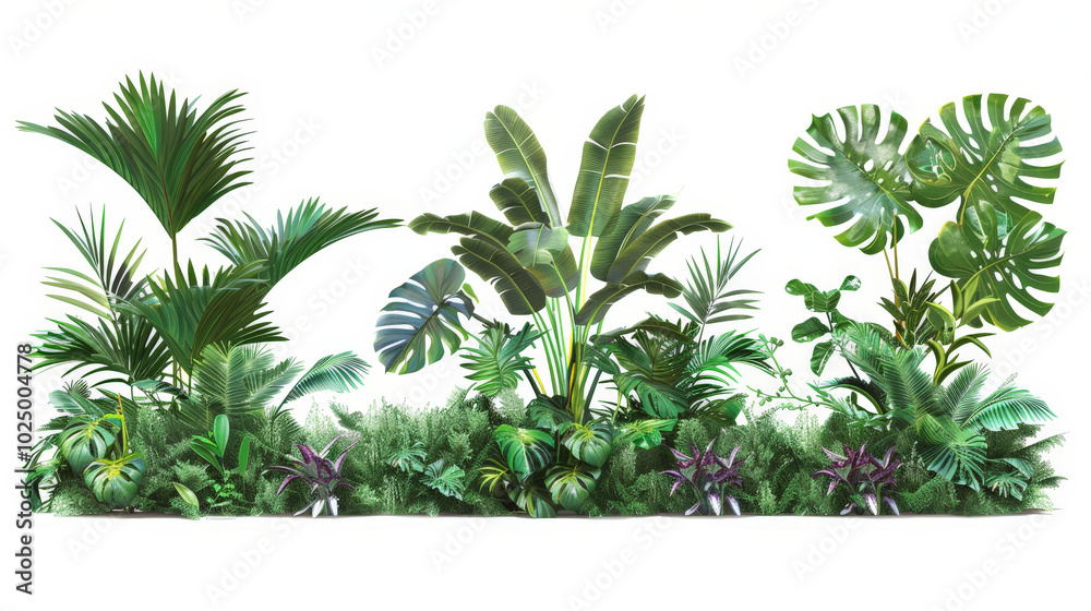 set of green garden walls with tropical plants